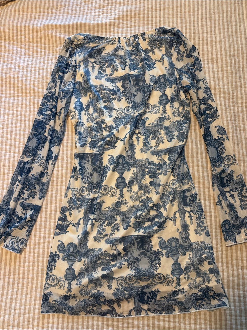 Blue and White Toile Long Sleeve Dress